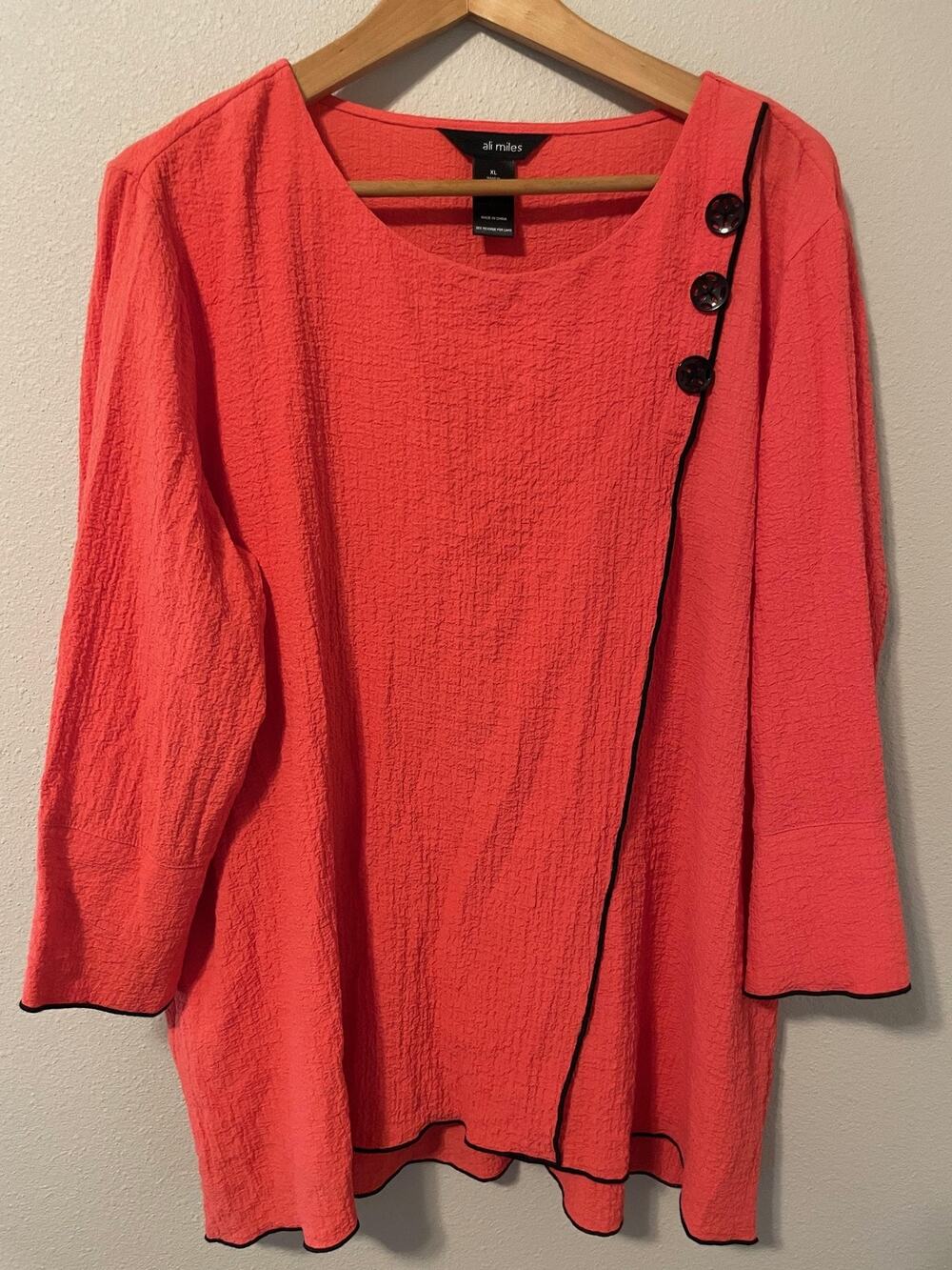 Ali Miles Tunic Top Womens XL Salmon Orange Crinkle Button Trim Relaxed Boho
